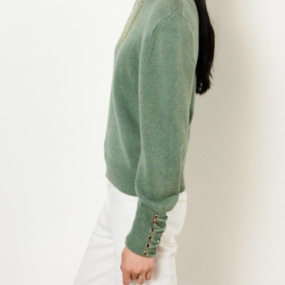 Brand new ba&sh Wool Sweater Keane Jumper Sweater With Lace-Up Cuffs Green - Picture 14 of 16